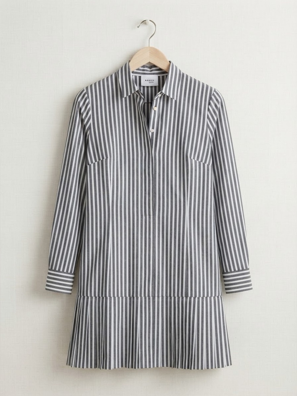 AKRIS PUNTO Gray White Striped Cotton Blend Pleated Hem Shirt Dress